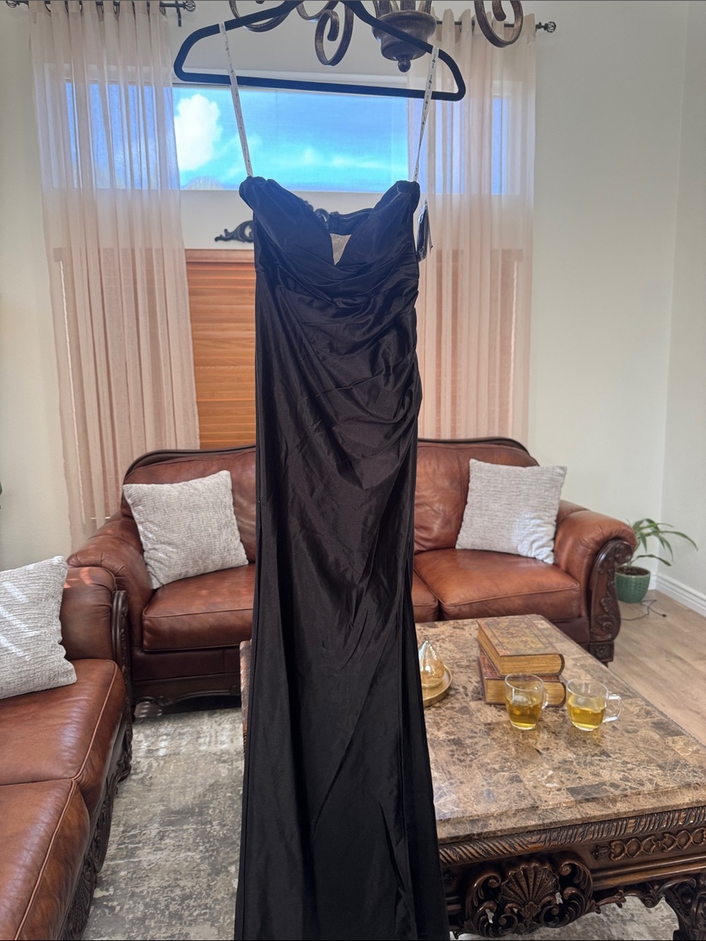 Black Strap Gown with Draped Sweetheart Bodice